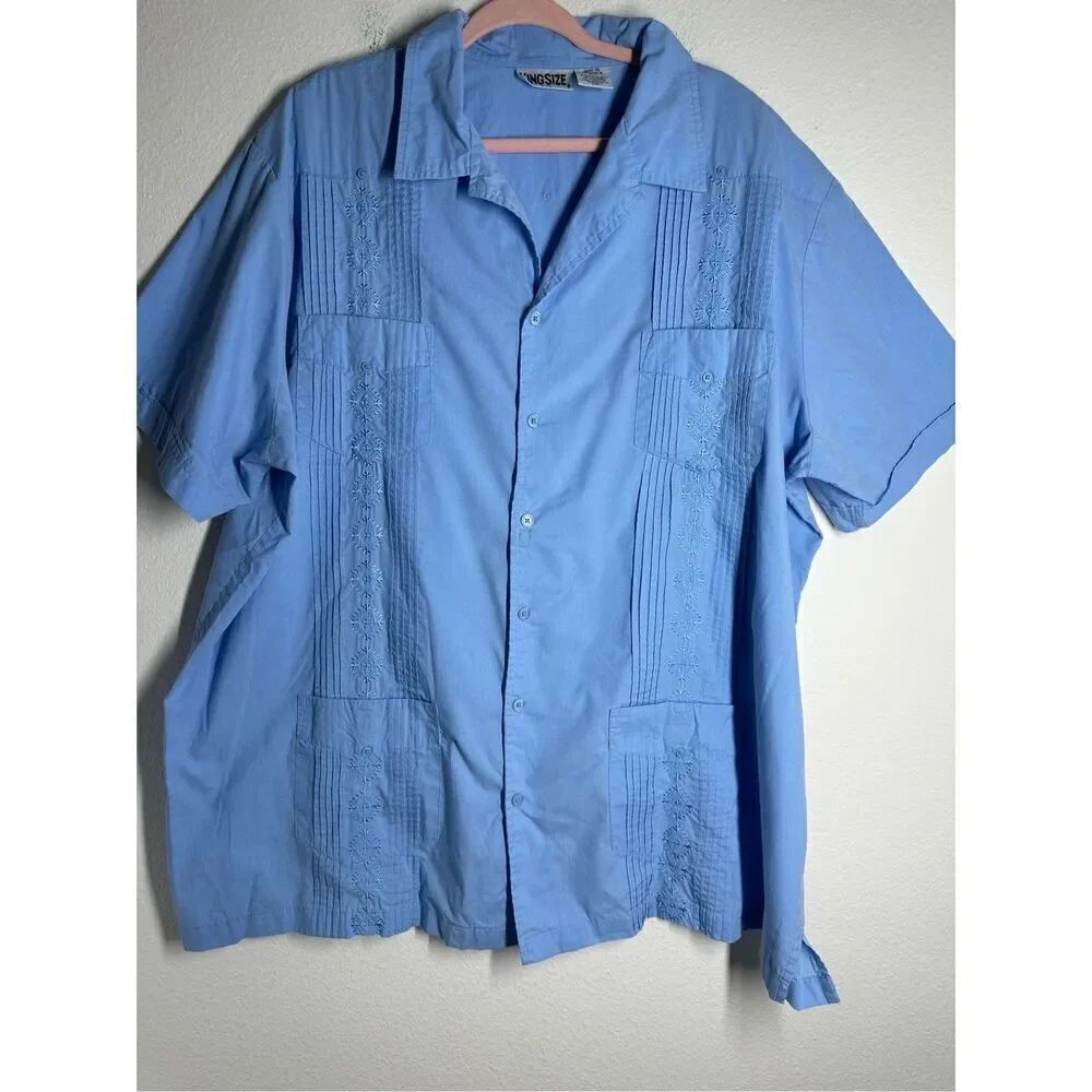 Kingsize KS Island Shirt Men 3XL Blue Guayabera Cuban 4 Pocket Short Sleeve Blue